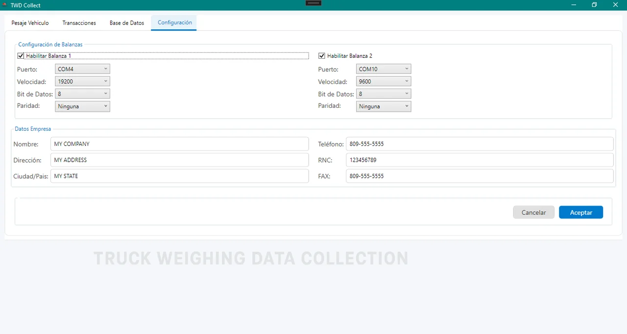 Configuración de básculas y datos de la empresa