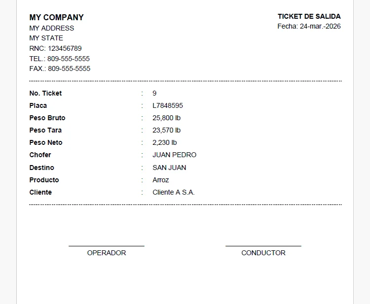 Ticket de salida generado por TWD Collect
