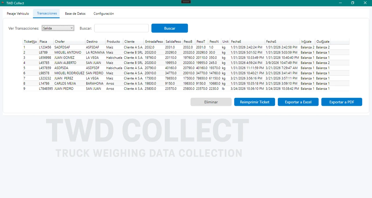 Lista de transacciones de TWD Collect con búsqueda y exportación